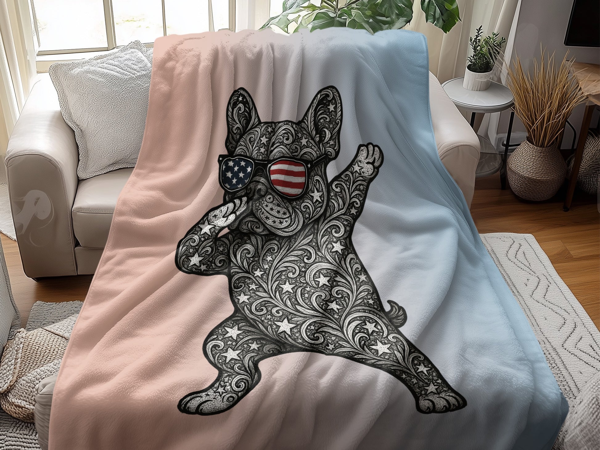 Patriotic French Bulldog with Sunglasses Blanket product type