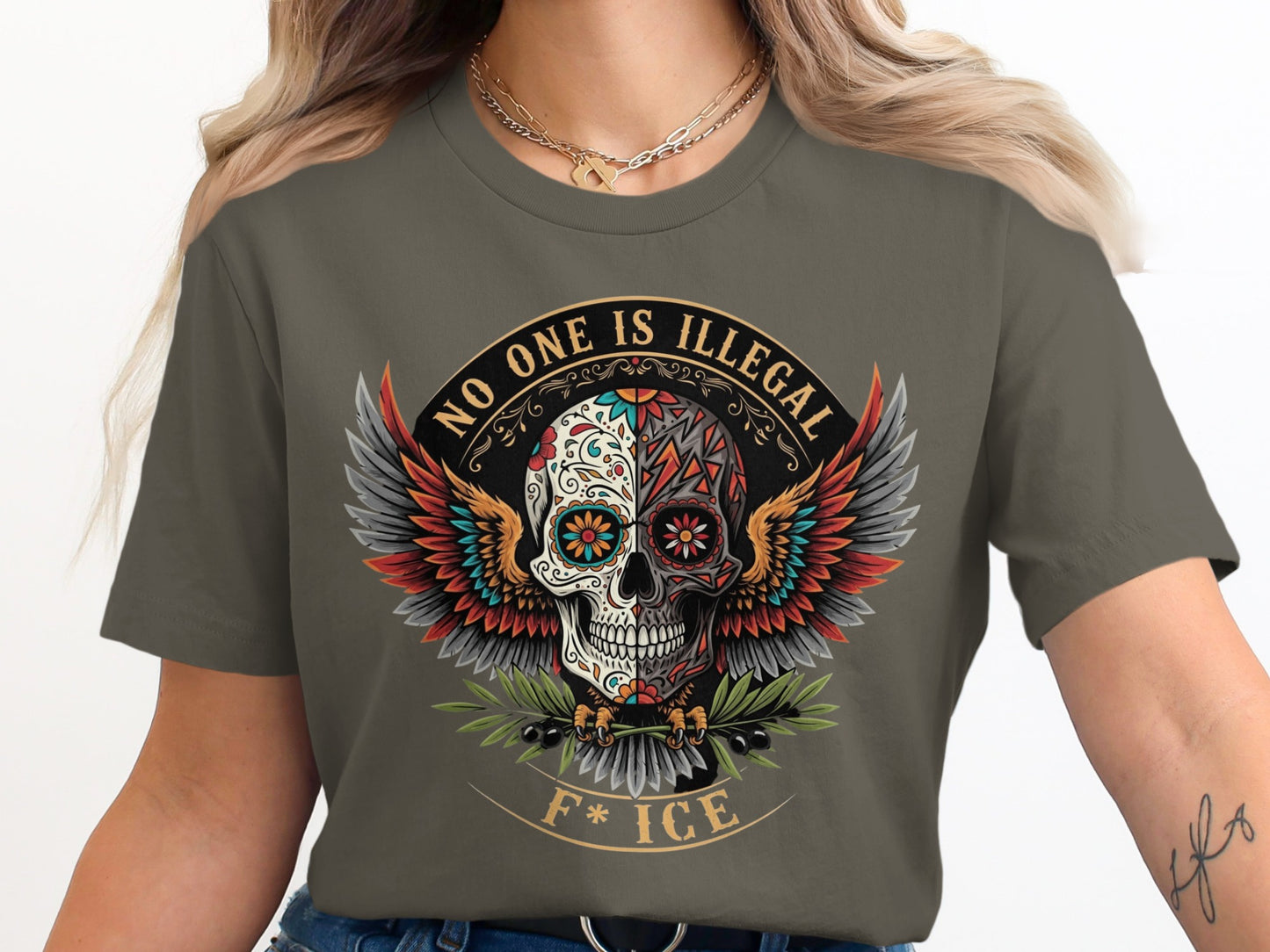 No One Is Illegal Graphic Tee Skull Design product