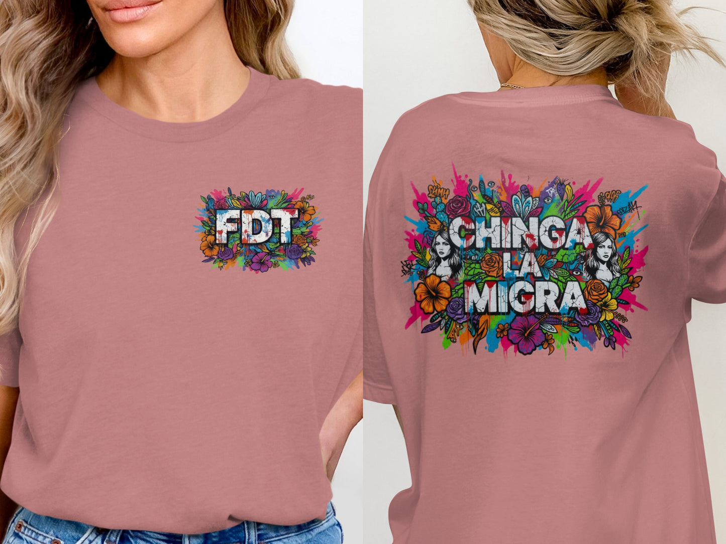 FDT Chinga La Migra Colorful Floral Artwork Shirt