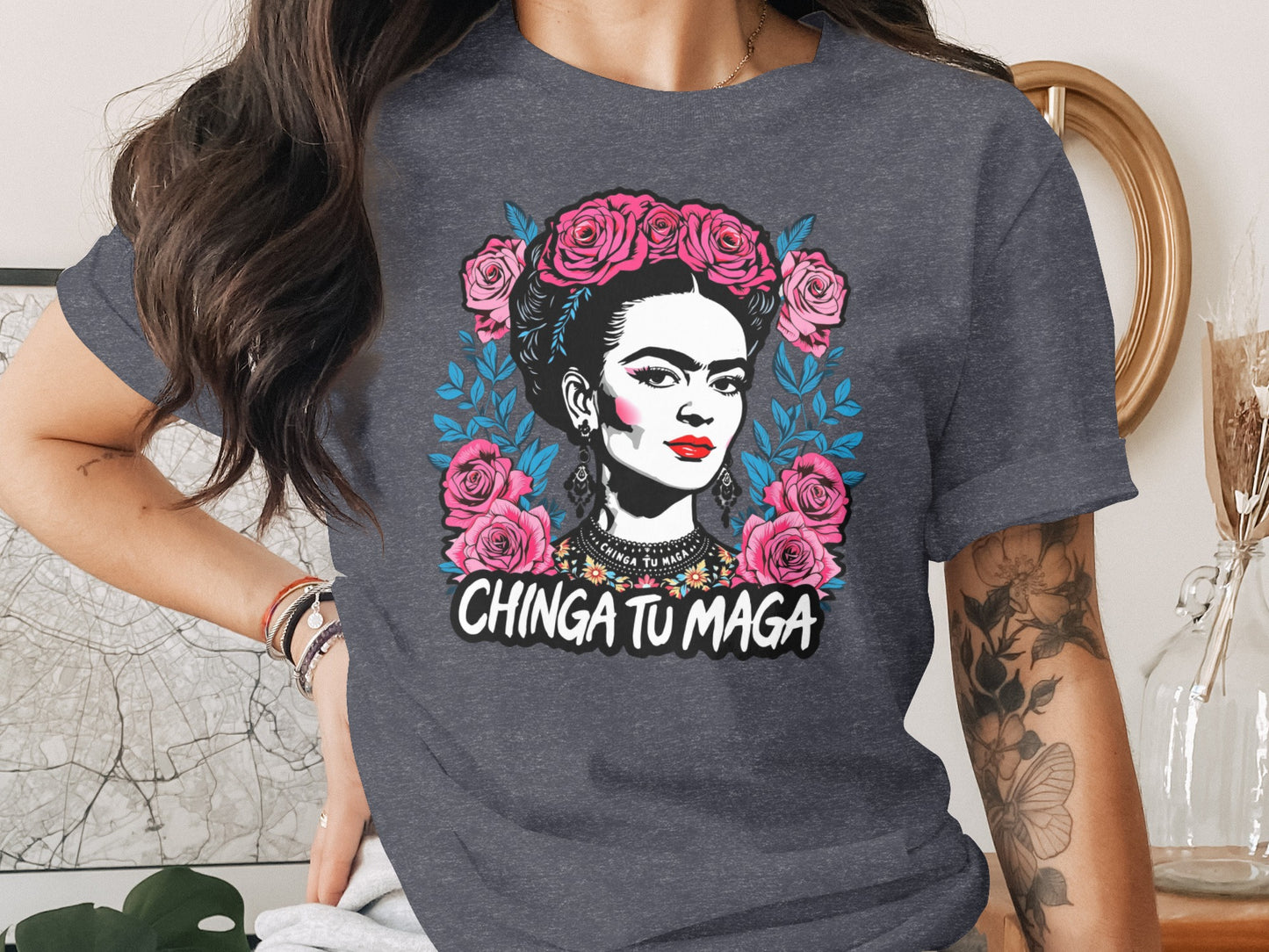 Frida Kahlo Style Graphic Tee with Bold Floral Elements