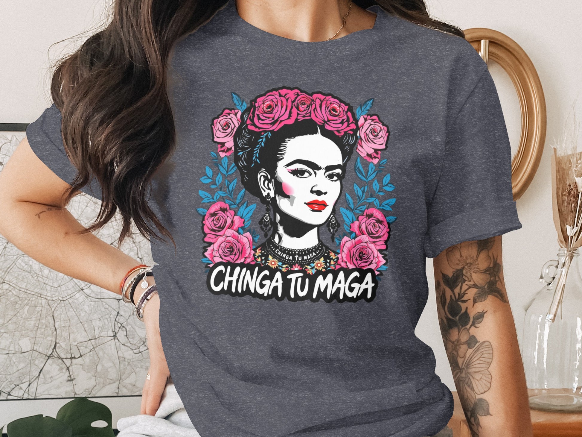 Frida Kahlo Style Graphic Tee with Bold Floral Elements