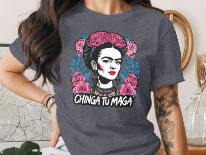 Frida Kahlo Style Graphic Tee with Bold Floral Elements