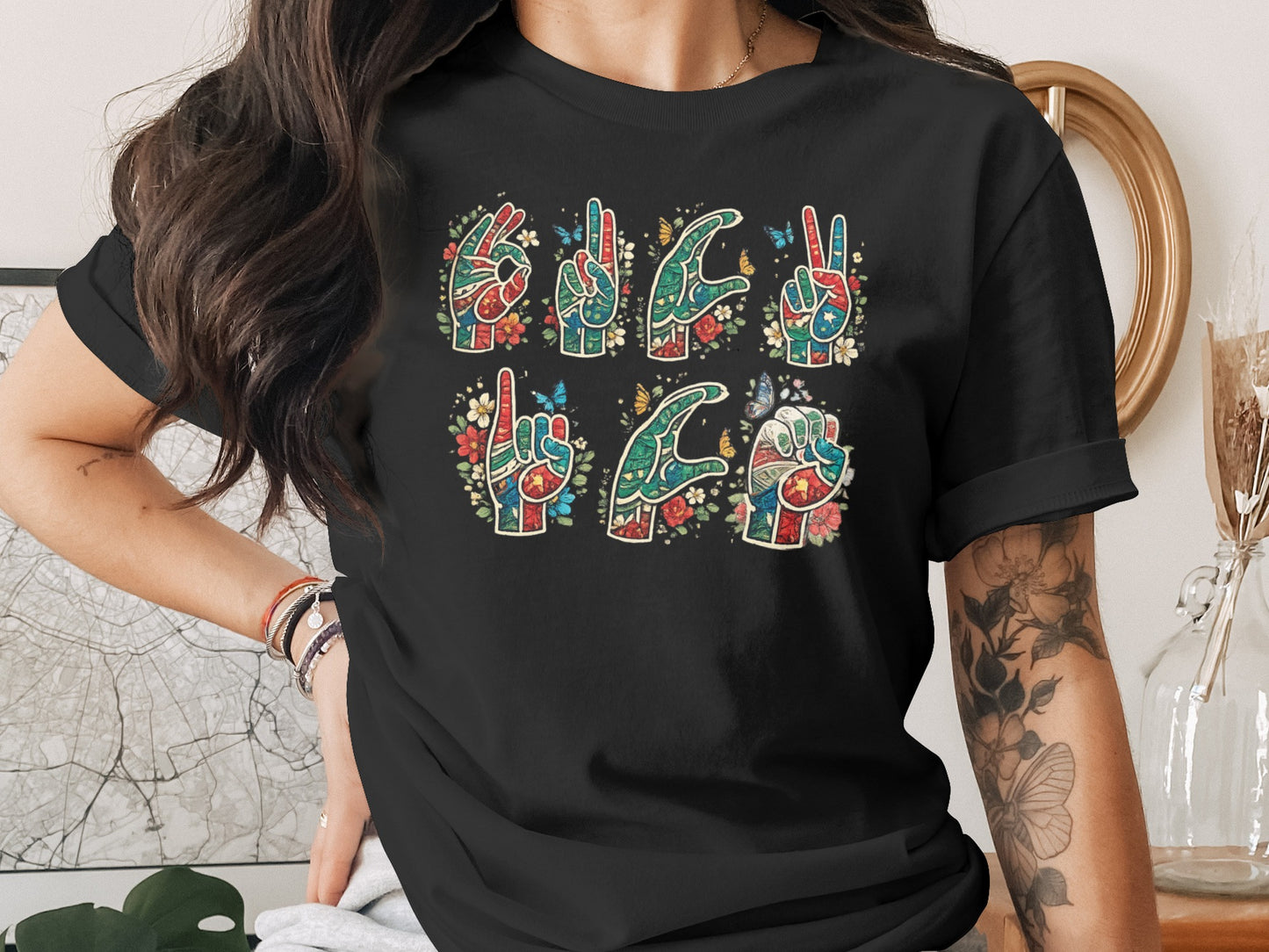 Colorful Floral Sign Language Graphic T-Shirt