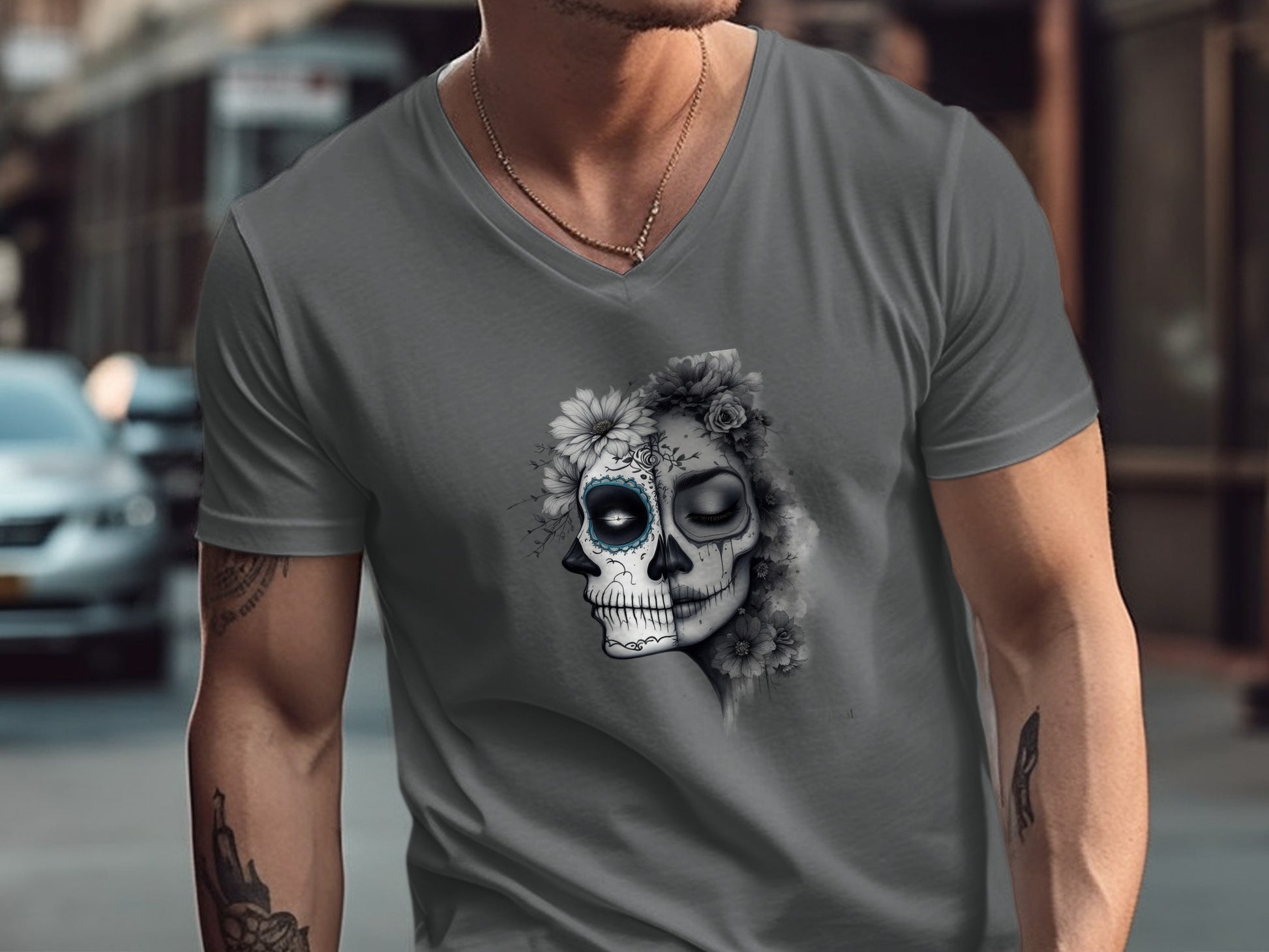 Skull and Floral Design on Grey V Neck T Shirt Product