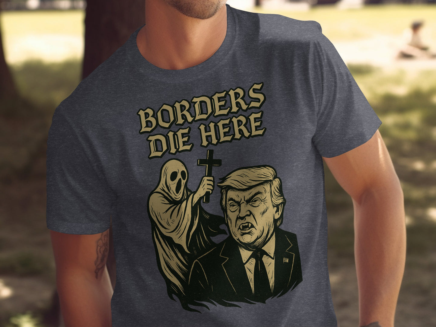 Borders Die Here Grim Reaper Trump Graphic Tee shirt