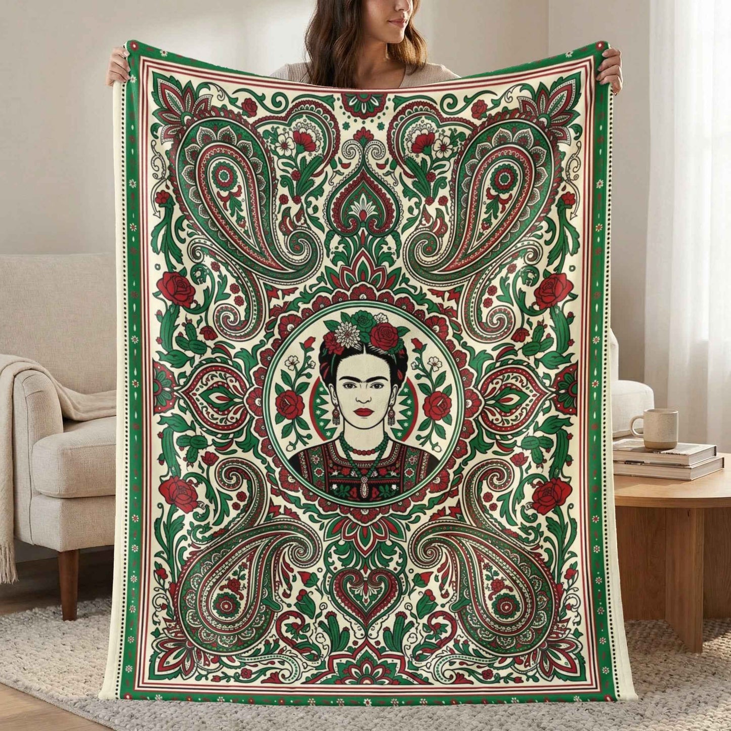 Frida Kahlo Art Blankets, Bohemian Paisley Throw Blanket, Mexican Folk Art Decor, Vibrant Red Green Floral Pattern, Artistic Icon Living