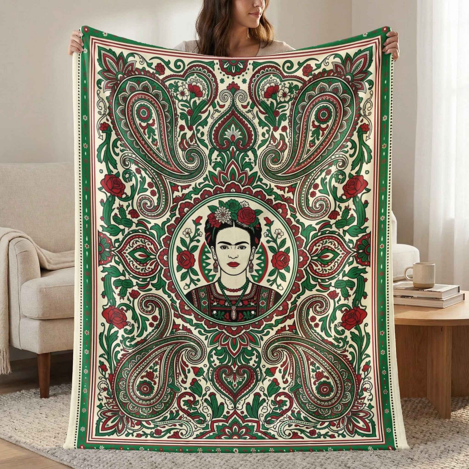 Frida Kahlo Art Blankets, Bohemian Paisley Throw Blanket, Mexican Folk Art Decor, Vibrant Red Green Floral Pattern, Artistic Icon Living
