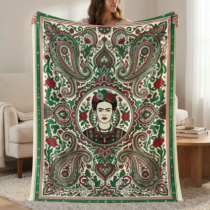 Frida Kahlo Art Blankets, Bohemian Paisley Throw Blanket, Mexican Folk Art Decor, Vibrant Red Green Floral Pattern, Artistic Icon Living