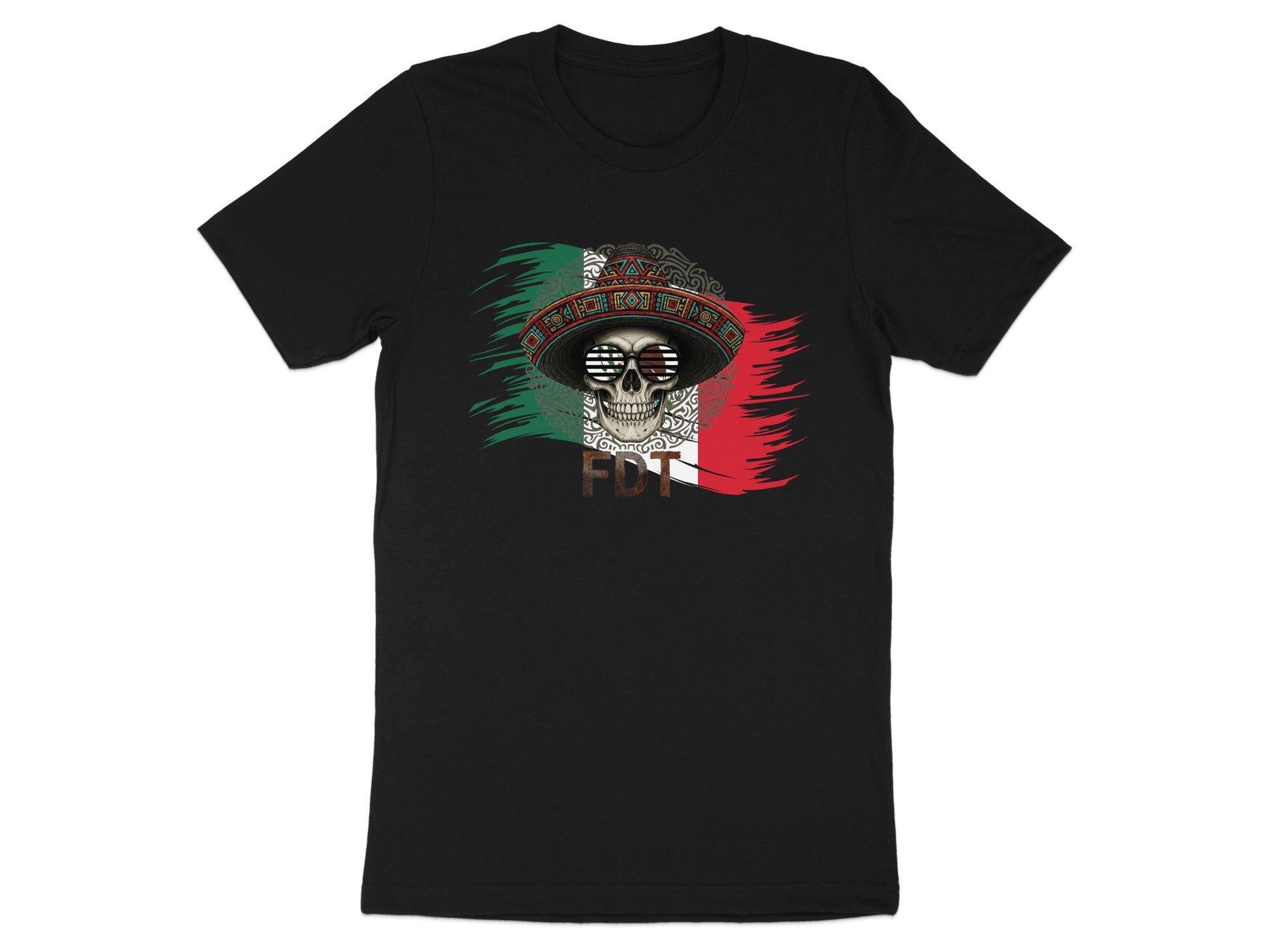 Black t-shirt with skull wearing sombrero and sunglasses, over Mexican flag.