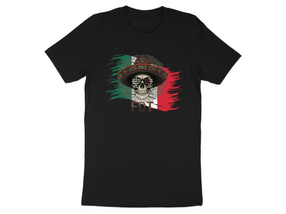 Black t-shirt with skull wearing sombrero and sunglasses, over Mexican flag.