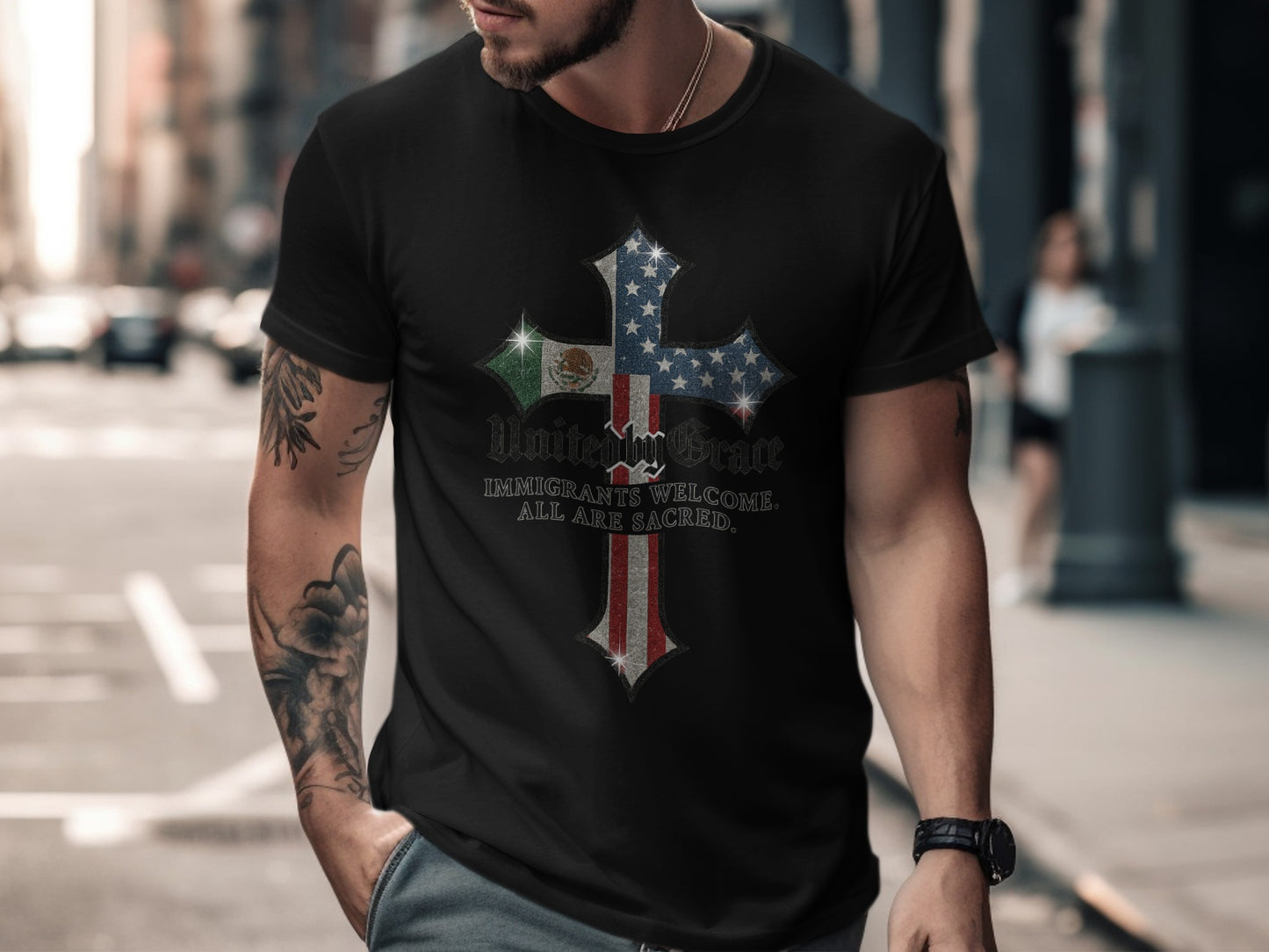 American Flag Cross Design Immigrants Welcome T-Shirt product type