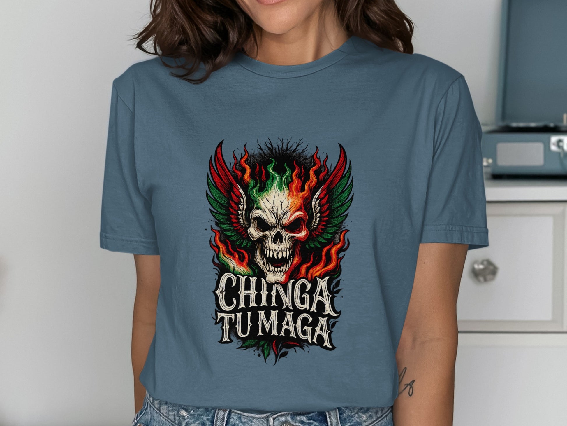 Chinga Tu Maga Skull with Flames Graphic T Shirt product