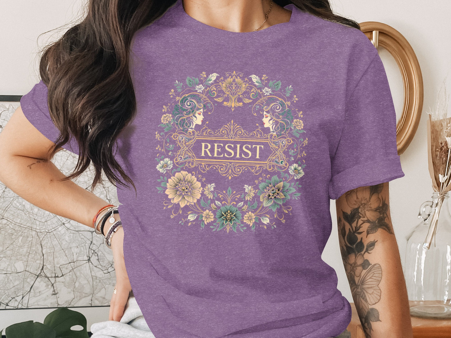Resist Graphic T-Shirt with Floral and Elegant Design