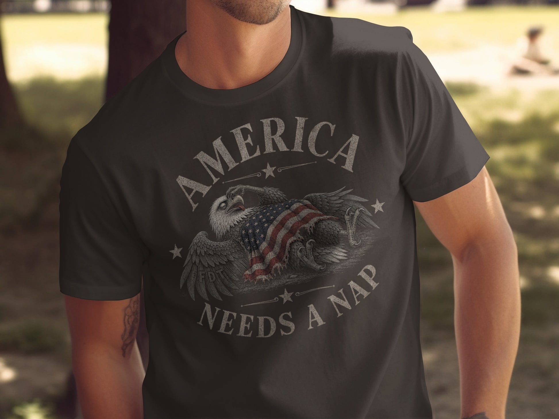 Dark t-shirt with American flag and eagle graphic and "America Needs A Nap" text.