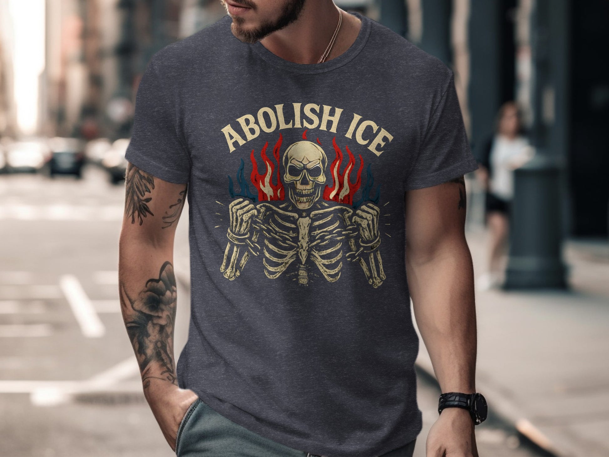 Abolish ICE Graphic Skull Skeleton Flames T-shirt product