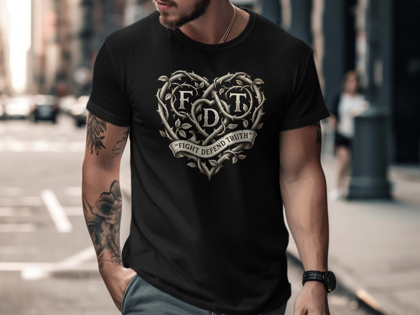 Black t-shirt with heart-shaped graphic featuring "FDT" and "Fight Defend Truth."