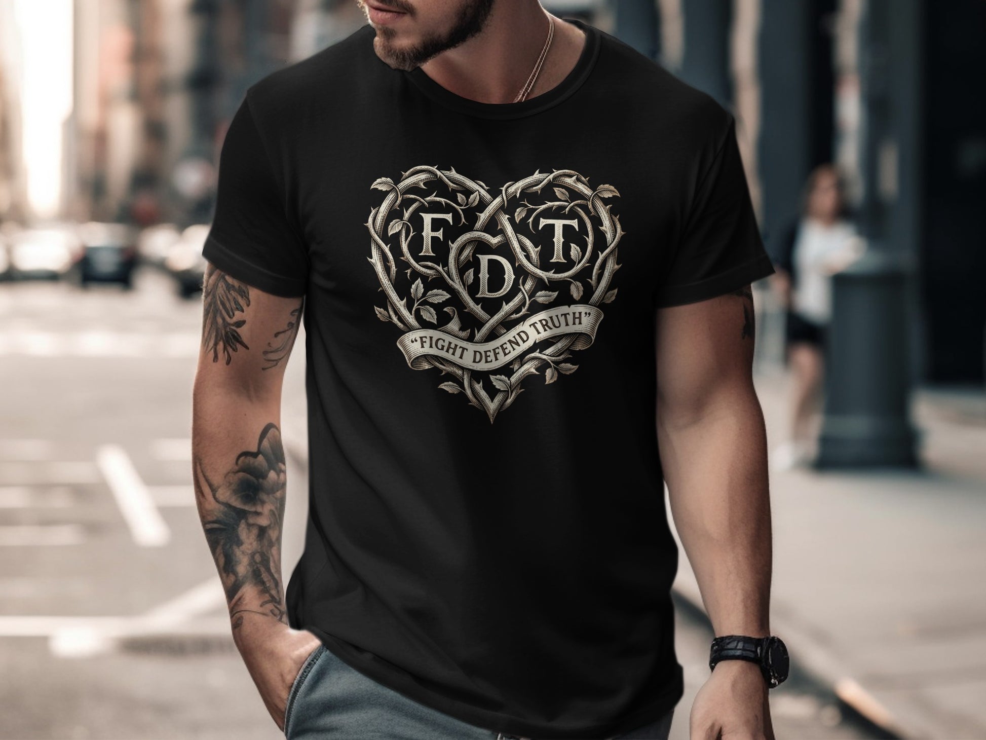 Black t-shirt with heart-shaped graphic featuring "FDT" and "Fight Defend Truth."