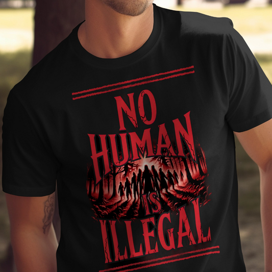 Black t-shirt with "NO HUMAN IS ILLEGAL" text and shadowy figures in a forest.