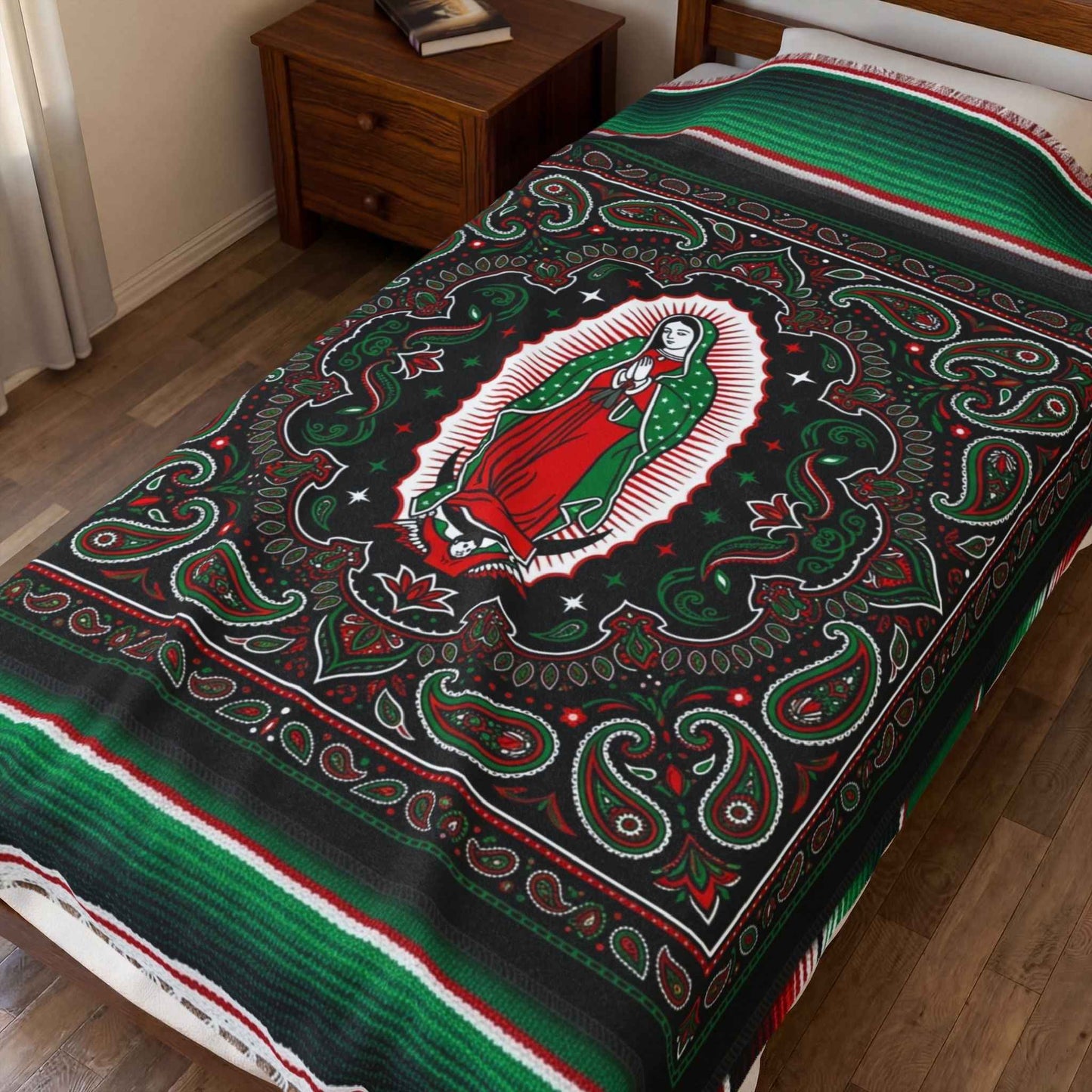 Our Lady Guadalupe Serape Blanket, Virgin Mary Chicano Art, Mexican Blanket Paisley Bandana Design, Catholic Prayer Altar Blankets