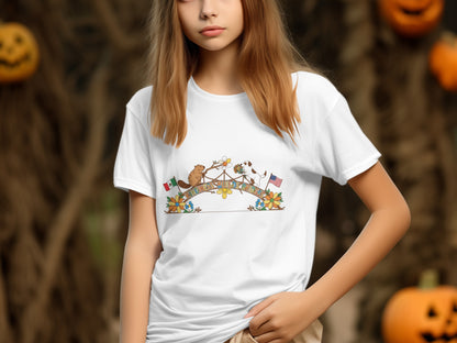 White Halloween Themed T-shirt with Pumpkin Designs