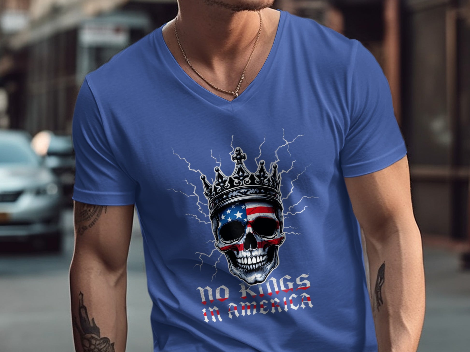 The cool blue No Kings in America graphic shirt