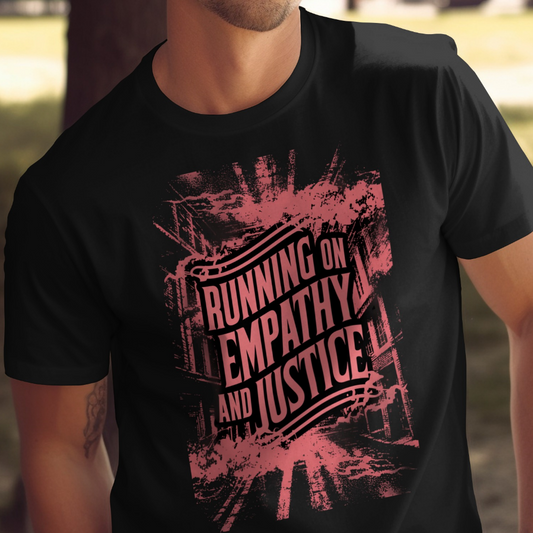 Black t-shirt with "Running on Empathy and Justice" text and distressed graphic.
