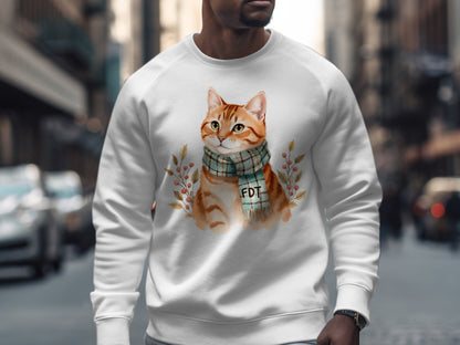Adorable Cat in Scarf Illustration on Cozy Sweatshirt