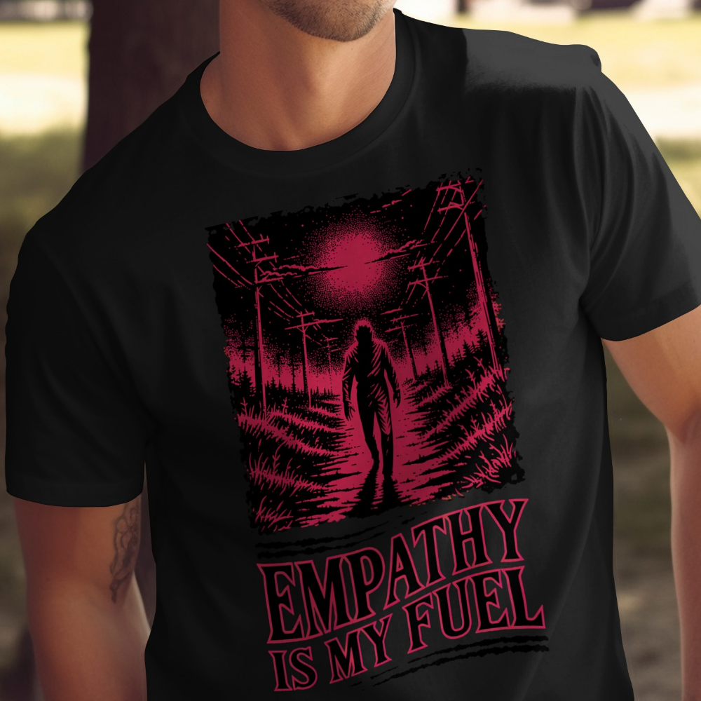 Man wearing black t-shirt with "EMPATHY IS MY FUEL" graphic and a silhouetted figure.