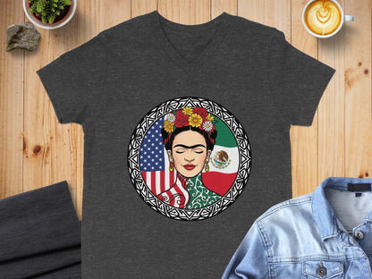Frida Kahlo Art with US and Mexican Flags Design Shirt