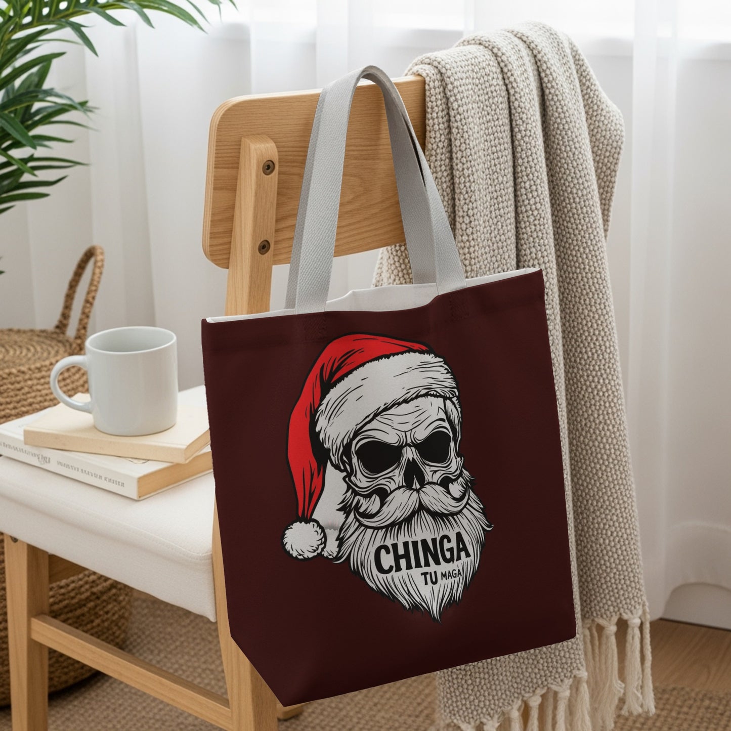 Skull with Santa Hat Tote Bag Chinga Tu Navidad product