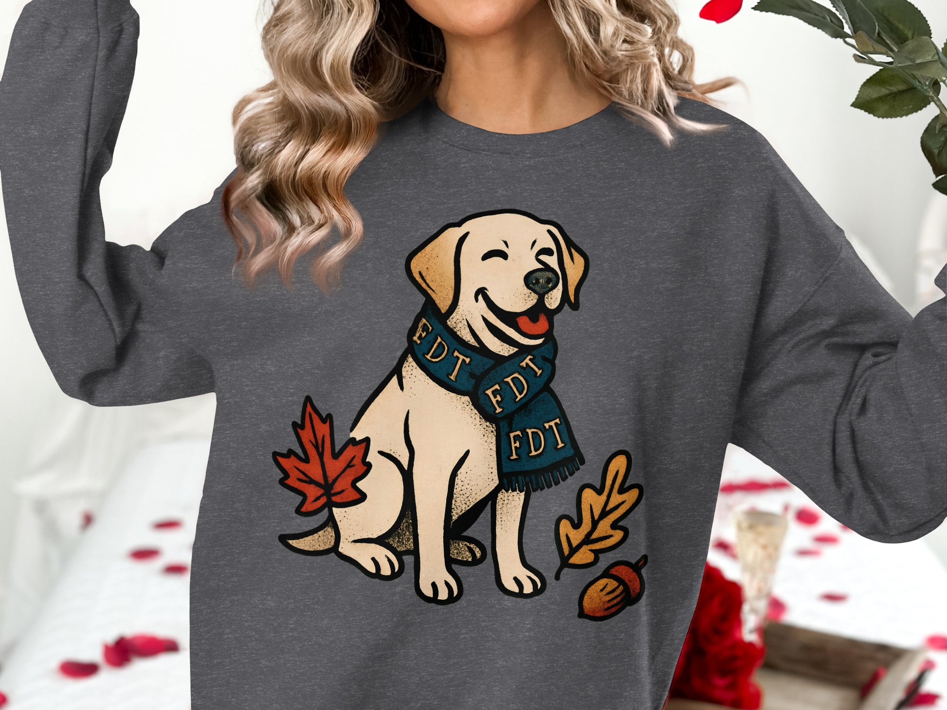 Cute Happy Dog with Scarf Autumn Leaves Sweatshirt