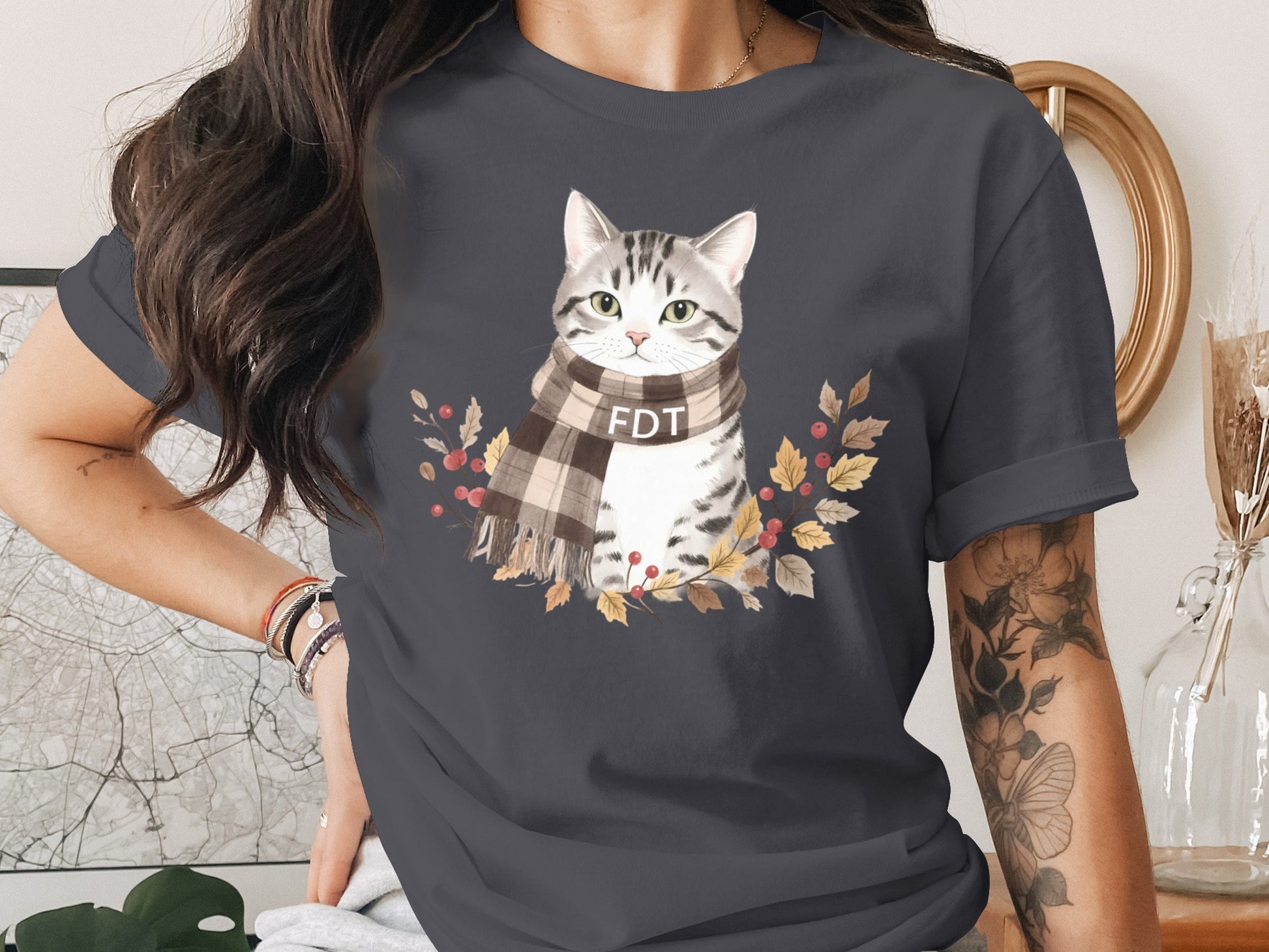 Cute Cat in Scarf with Autumn Leaves Print Shirt