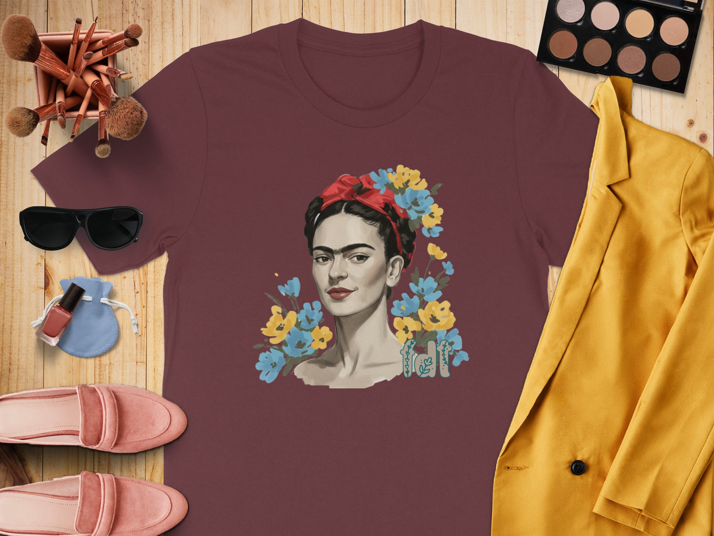 Frida Kahlo Floral Illustration Maroon Color Shirt