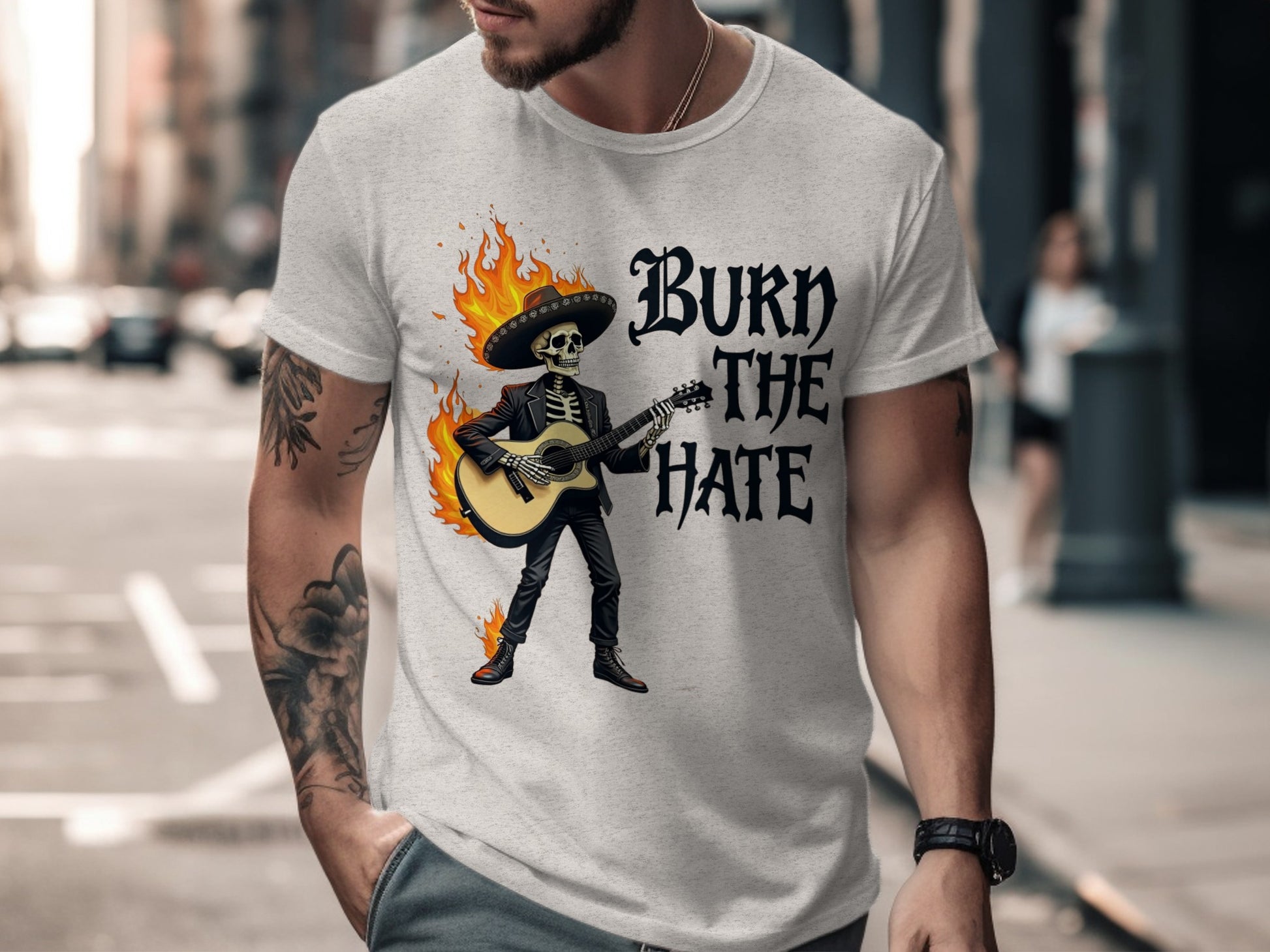 Burn the Hate Skeleton Guitar Graphic T-shirt product type