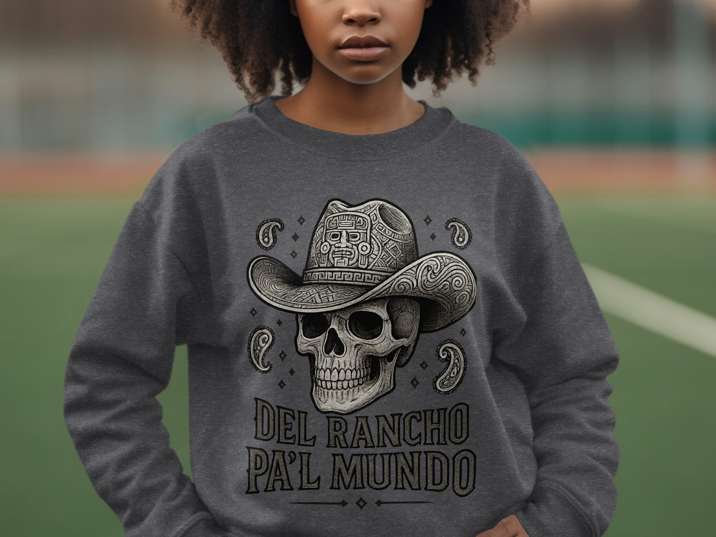 Del Rancho Pa'l Mundo Skull Cowboy Graphic Sweatshirt