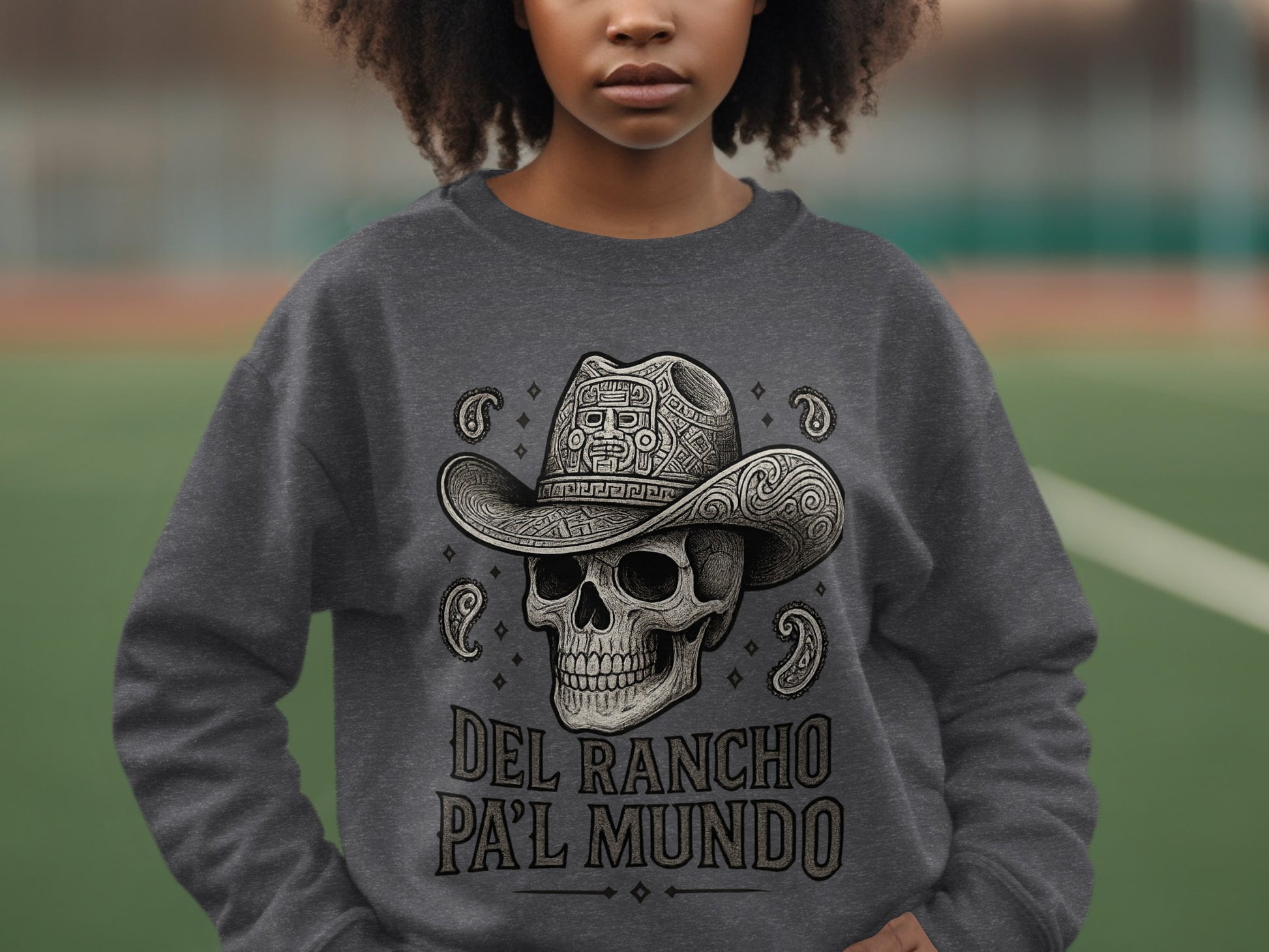 Del Rancho Pa'l Mundo Skull Cowboy Graphic Sweatshirt