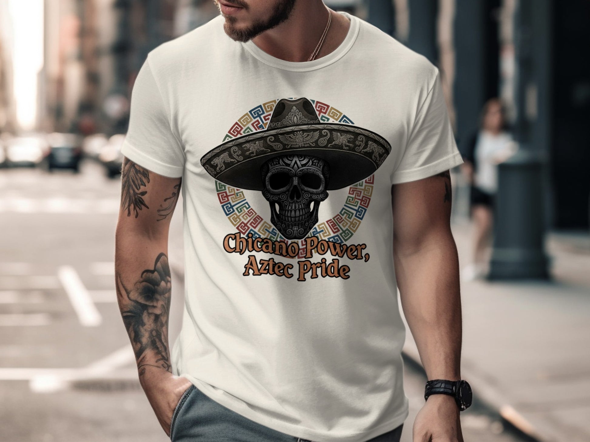 Chicano Power Aztec Pride Skull Hat Graphic Shirt