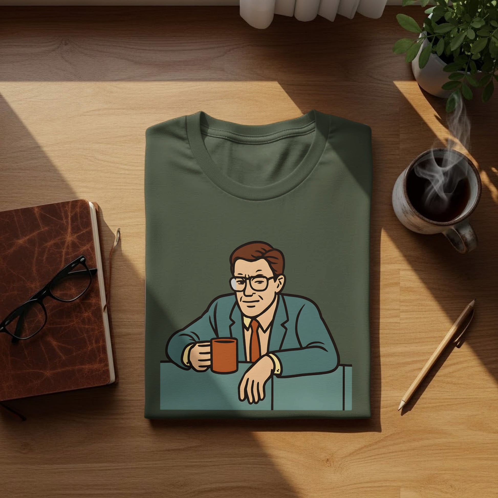 Businessman Cartoon Sipping Coffee Print T-Shirt product type