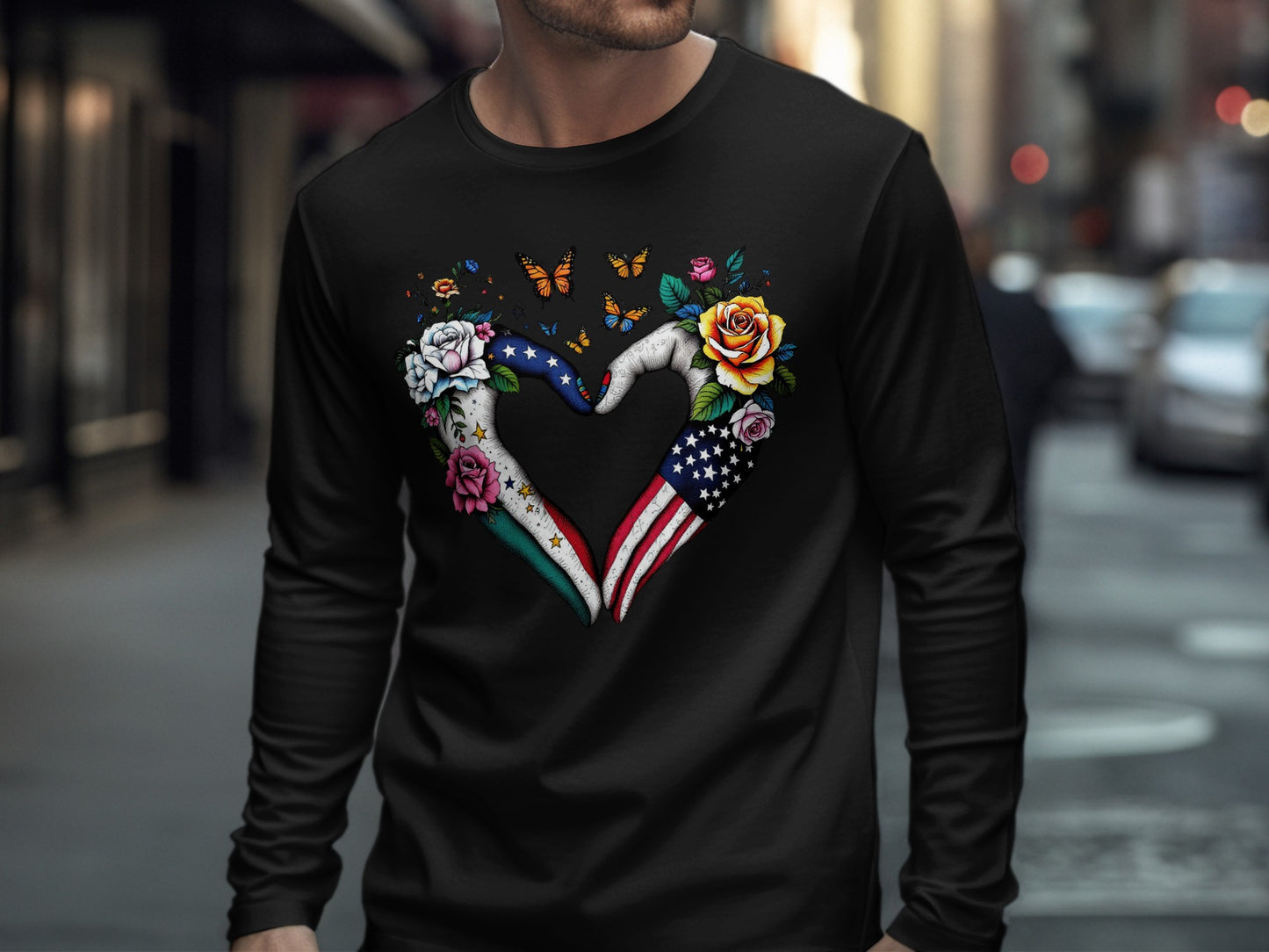 Heart Hand Design with Flowers Long Sleeve Shirt