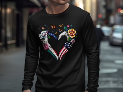 Heart Hand Design with Flowers Long Sleeve Shirt