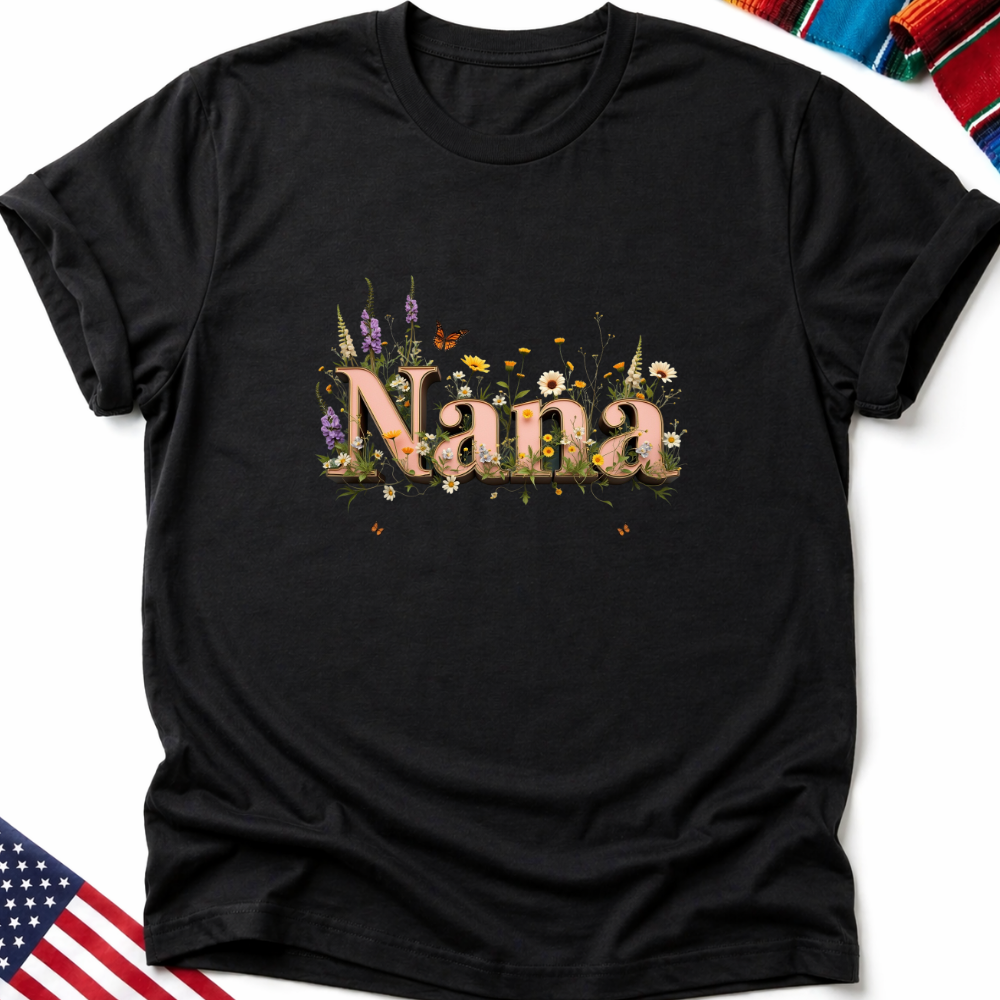 Black t-shirt with "Nana" in floral lettering and small butterflies.