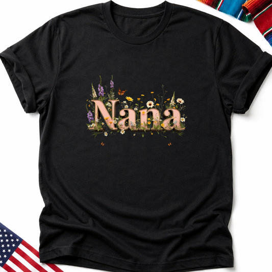 Black t-shirt with "Nana" in floral lettering and small butterflies.