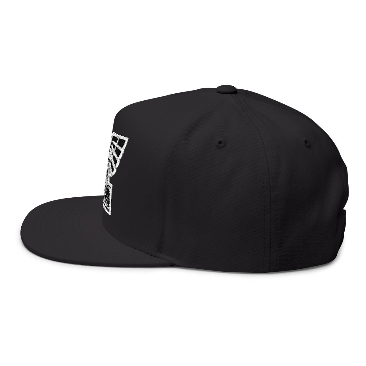 Black Snapback Hat with White Embroidered Logo Design