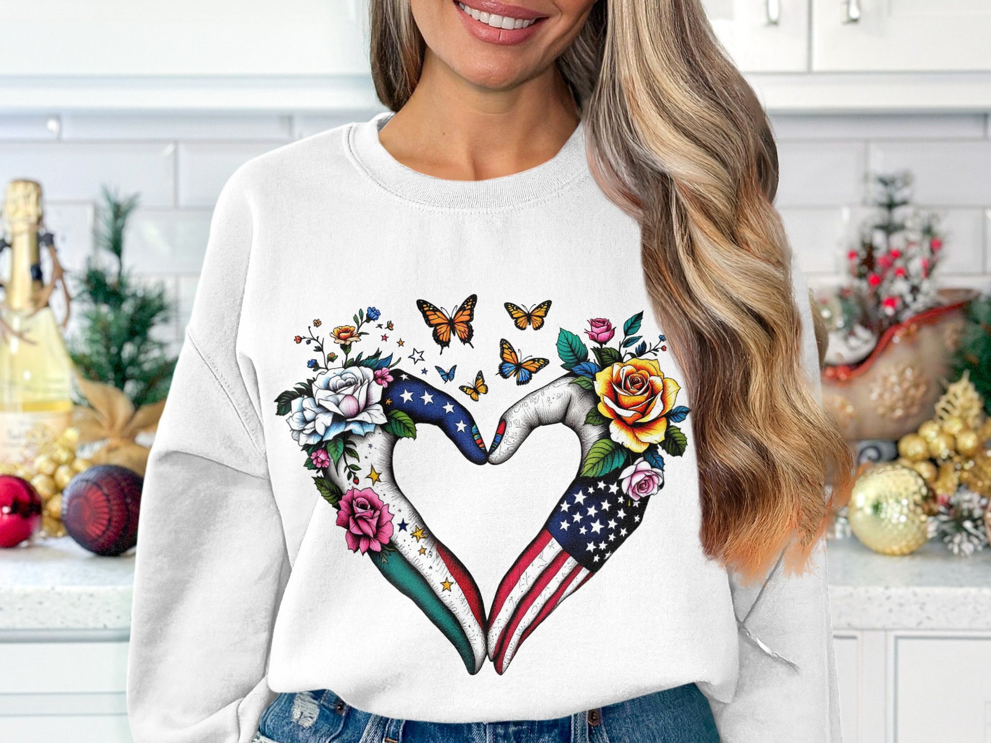 Patriotic Floral Heart Hands Butterflies Sweater product