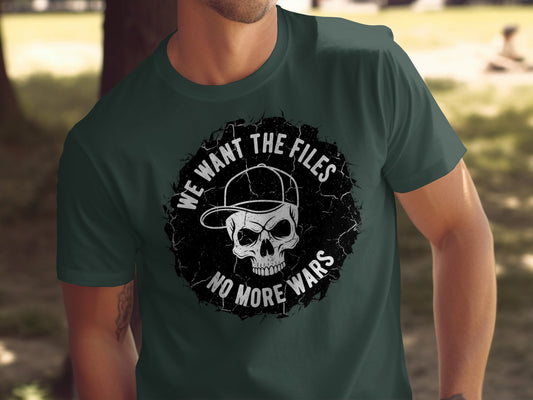 We Want the Files No More Wars Skull Graphic Tee