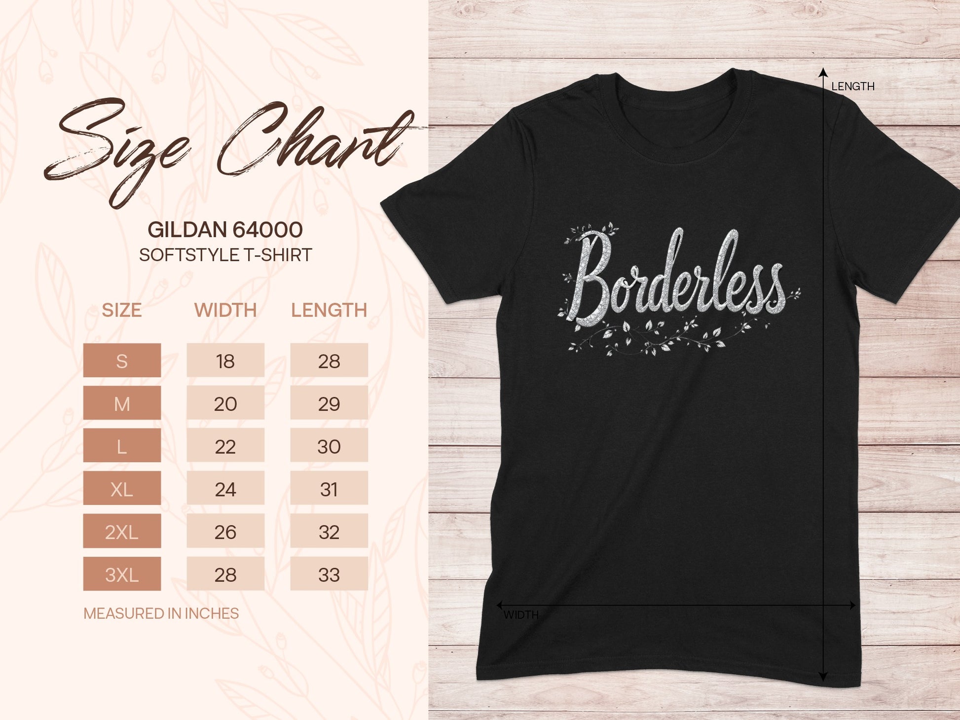 Borderless Black Softstyle Size Chart T-Shirt product type