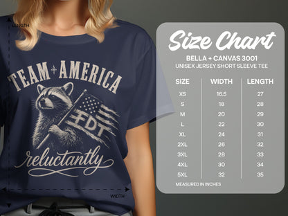 T-shirt with "TEAM AMERICA FDT reluctantly" graphic and size chart.