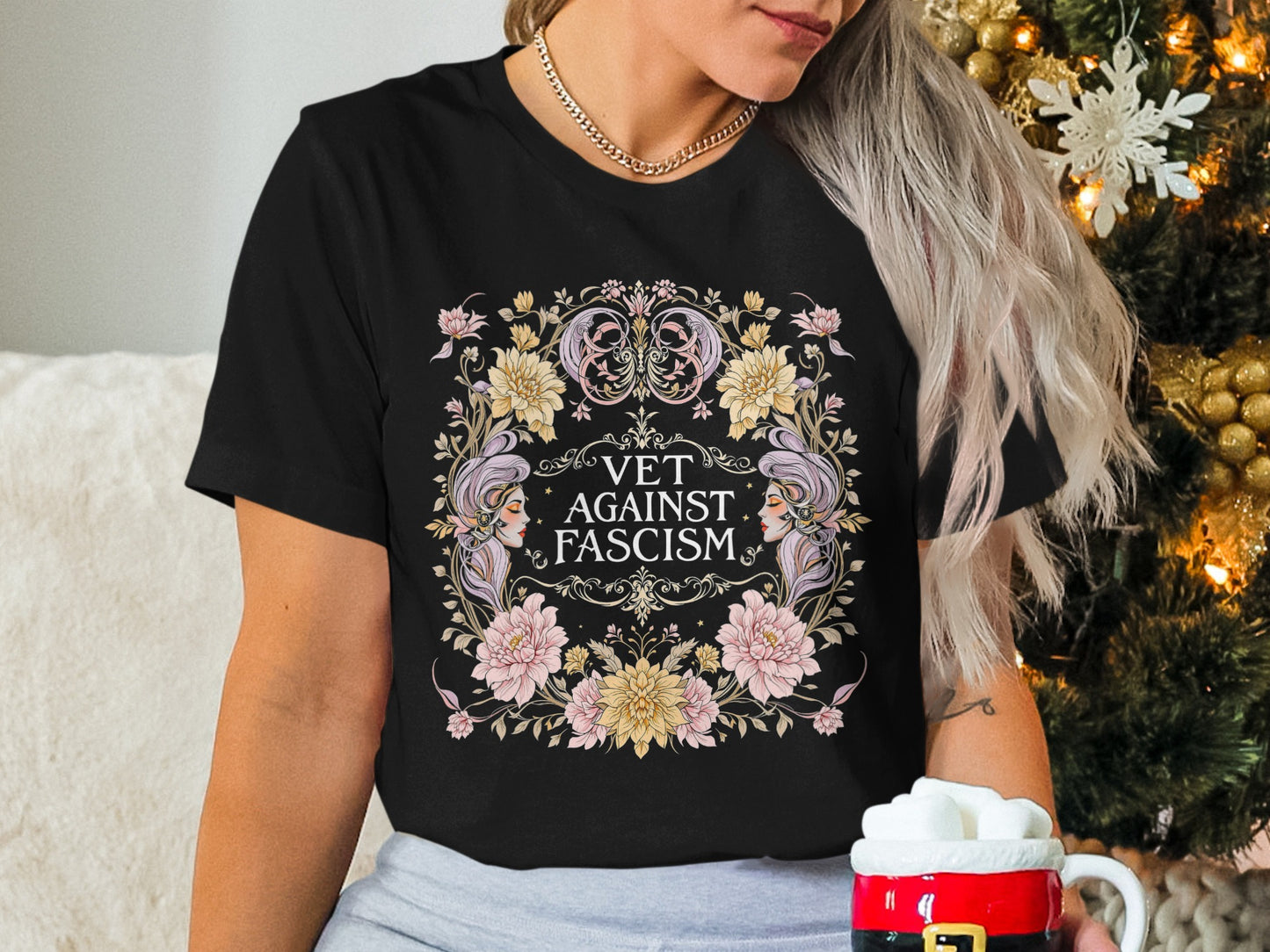Vet Against Fascism Floral Design T-Shirt
