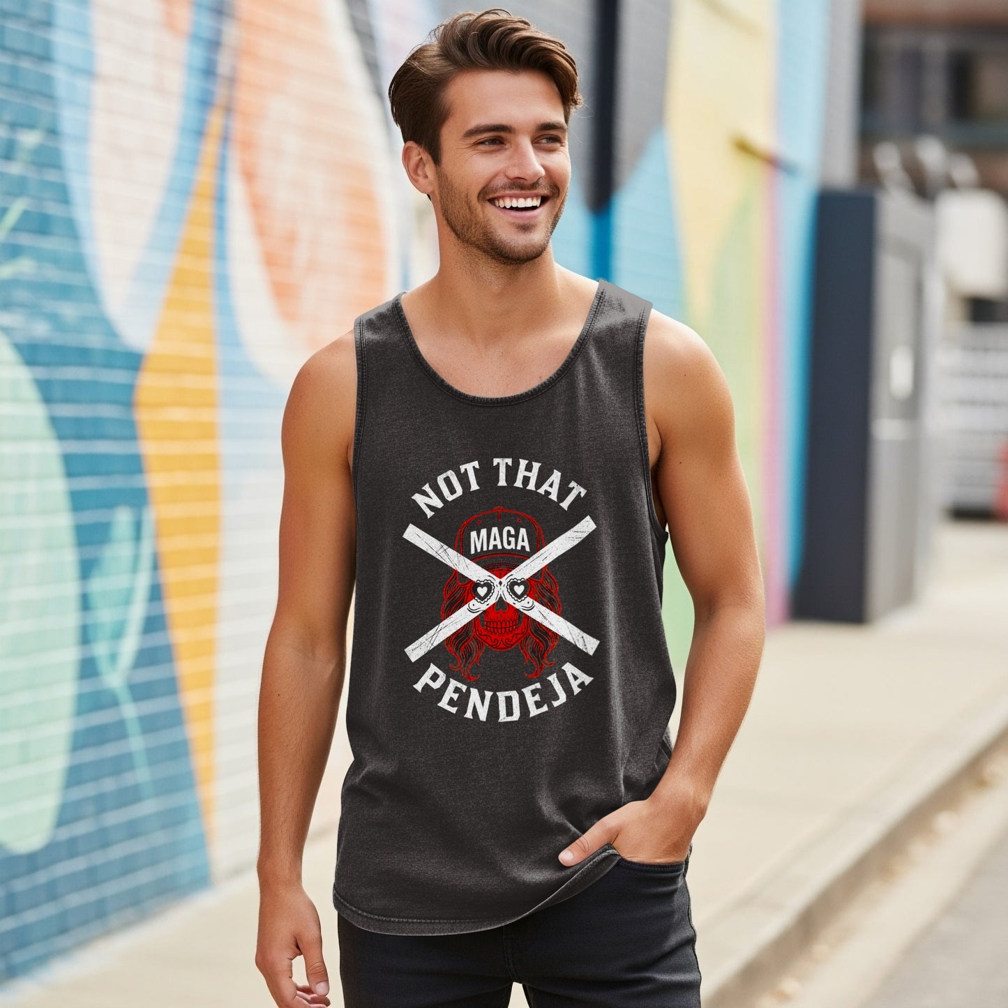 Man in dark tank top with "NOT THAT MAGA PENDEJA" graphic.