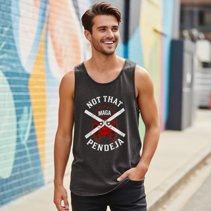 Man in dark tank top with "NOT THAT MAGA PENDEJA" graphic.